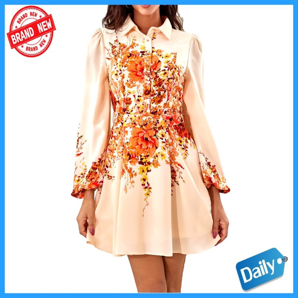 Long Sleeve Floral Print A-Line Midi Dress with Belt Elegant Cocktail Attire